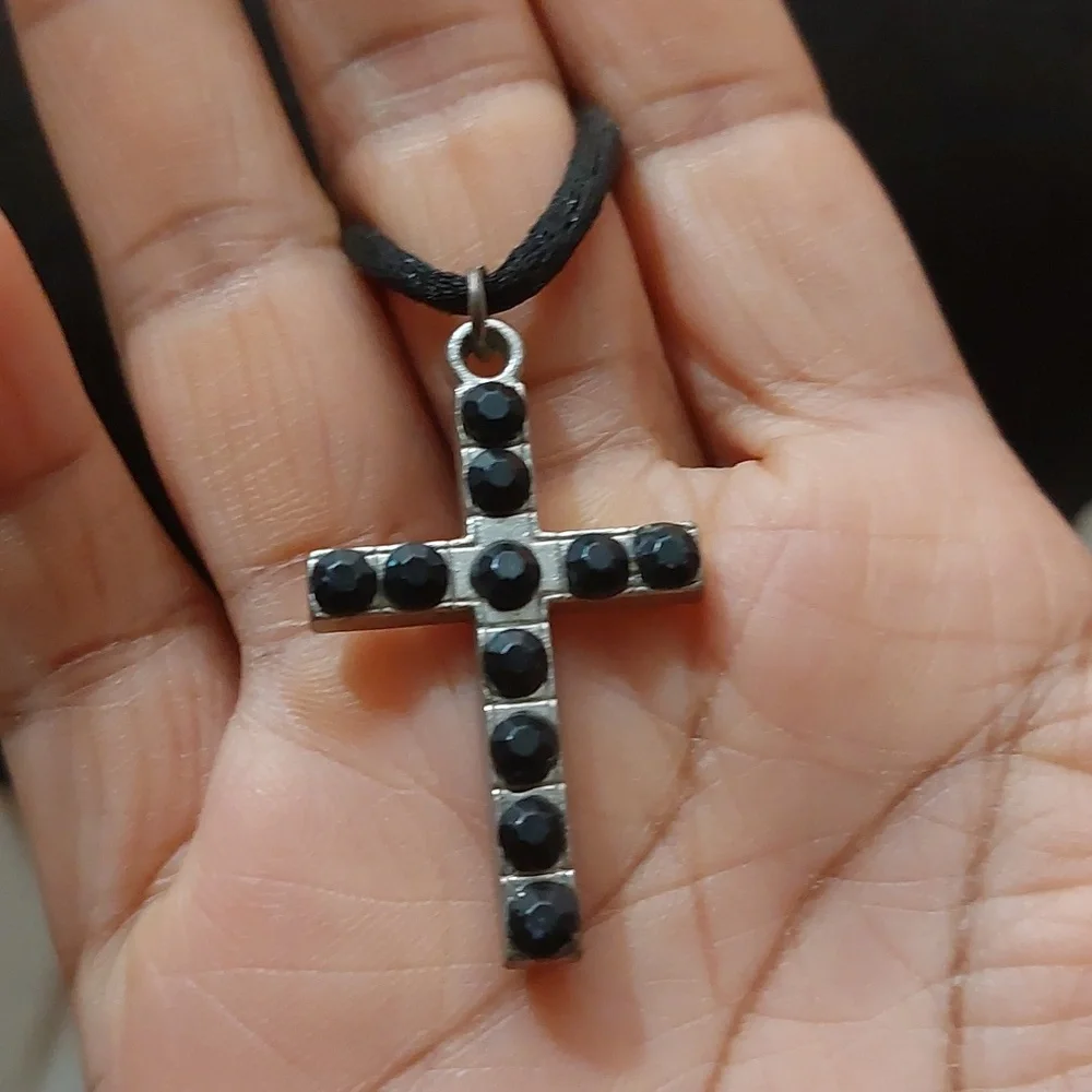 Silver Tone Pendant Paved with Black Rhinestones on Black Cord Necklace - Picture 4 of 6